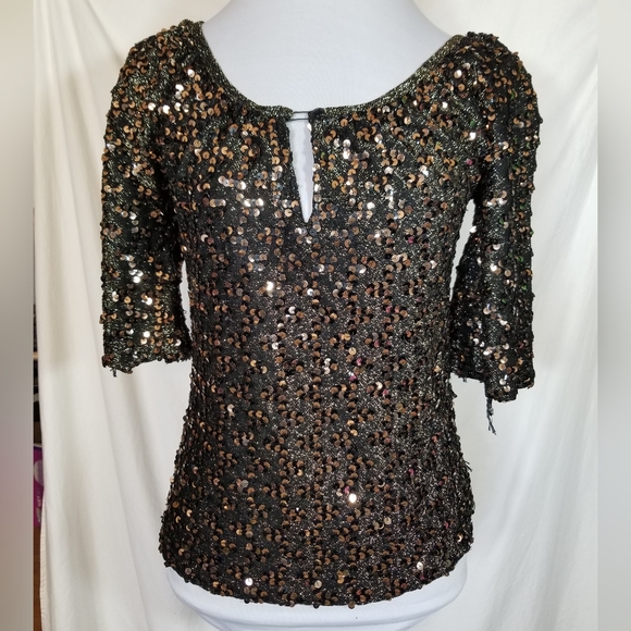 Imagnin Black Gold Sequin Covered Top Metallic Thread Short Half Sleeve Vintage - Picture 6 of 14